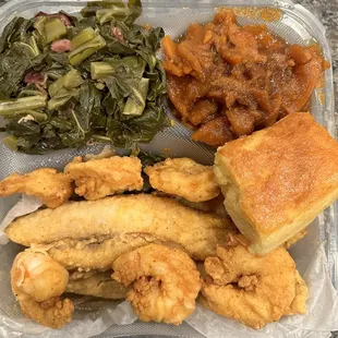Whining Whiting and Shrimp, with yams, greens, and cornbread