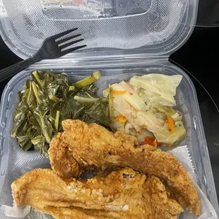 Catfish Dinner with collards and cabbage