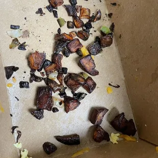 So many burnt pieces in the potatoes that made the whole thing have an acrid charred flavor.