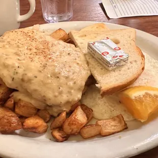 Chicken fried steak with sourdough toast