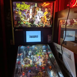 a pinball machine in a dark room