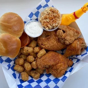 Dinner includes macaroni salad and tots or chips.