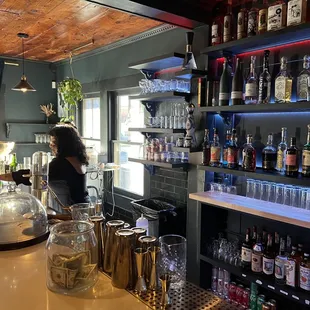 a woman behind a bar counter