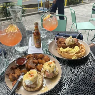 Eggs Benedict and Chicken and Waffles with the Portland Spritz (I think that's the name)