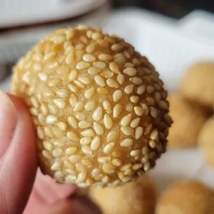a hand holding a sesame ball