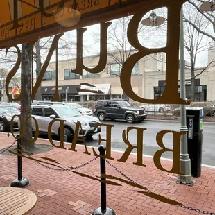 A window bar seats inside with a view.