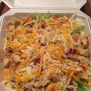 Grilled chicken salad. Mostly cheese and had just a few hard,cold pieces of chicken that you can't chew and seemed fake.