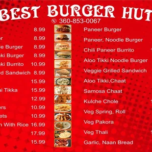 the menu for the best burger hut