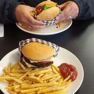 Double cheeseburger, spicy chicken.