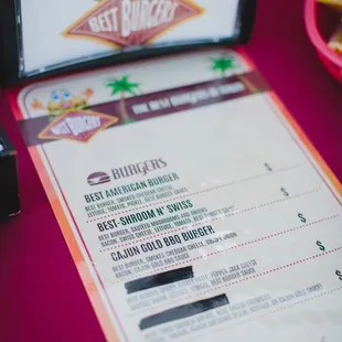 Menu set up for our wedding. I had the Cajun Gold BBQ Burger. So good!