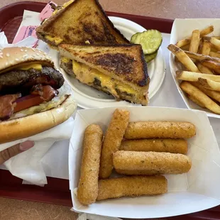 Single Bacon Cheeseburger, Patty Melt, Mozzarella Sticks with ranch and French Fries.