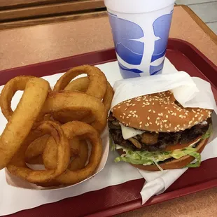 Mushroom Swiss burger &amp; onion rings