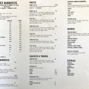 the menu for the best burritos