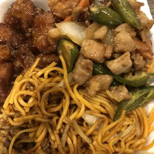 Orange chicken on left and jalapeño chicken on right