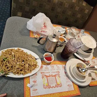 a table with plates of food on it