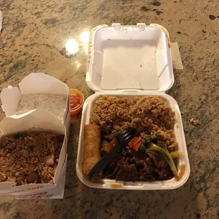 Broccoli with beef. And Fried Rice