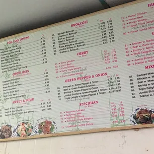 a menu on the wall