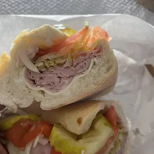 Ham and cheese hoagie on a long roll