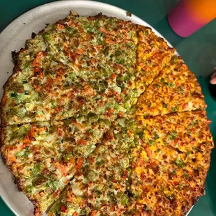 Half veggie, half Chili Paneer Pizza