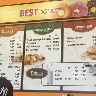 the menu and prices of donuts