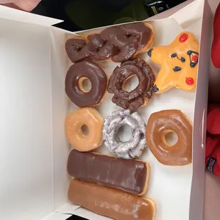 The inside of a box of donuts
