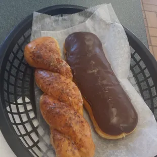 Cinnamon twist and cream filled longjohn.  My husband&apos;s favorites.