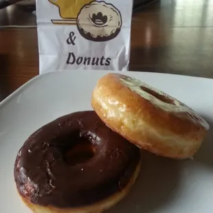 Glazed donut and chocolate iced