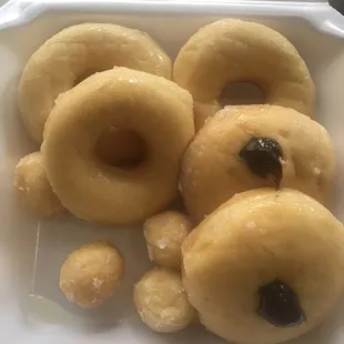 Plain, blueberry filled and donut holes
