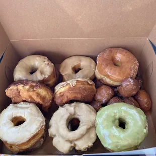 Maple glazed, matcha glazed, maple old fashion, glazed old fashion, donut holes, chocolate glazed