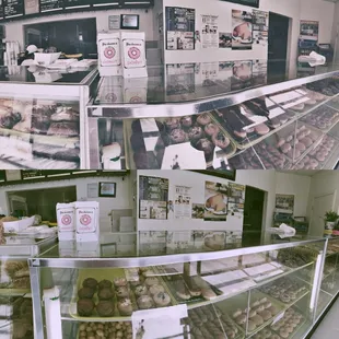 a variety of donuts in a display case