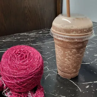 Chocolate banana smoothie and knitting.