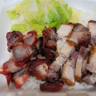 2 meat rice plate with char siu and roasted pork