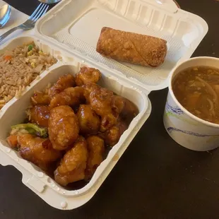 General Tso's chicken Dinner Combo (with egg roll, fried rice, and hot and sour soup)