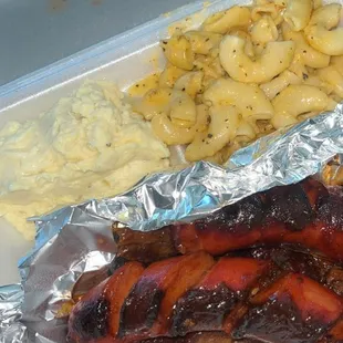 Brisket hotlinks Mac n cheese &amp; potato salad