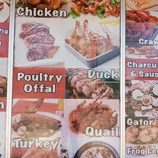 a variety of meats displayed on a menu