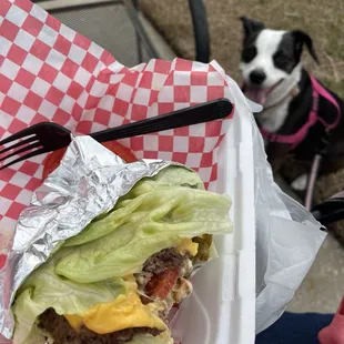 Lettuce wrapped burger! So good!!! Outdoor tables for pups!