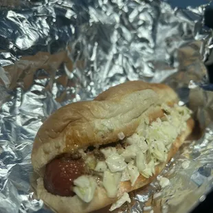 Nathan&apos;s Famous All Beef Hot Dog with slaw and chili