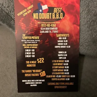 the menu for the bbq