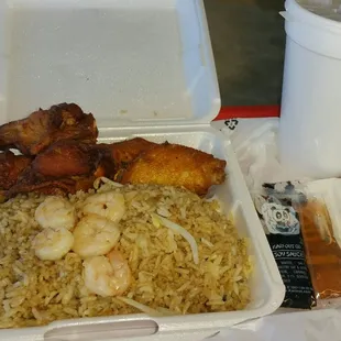 Chicken Wing &amp; Shrimp Fried Rice Lunch Special.
