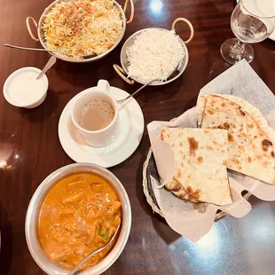 - Mushroom masala - Biryani - Chai Tea - Naan Bread