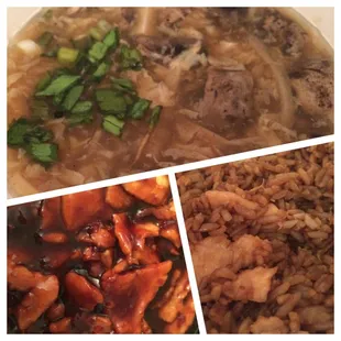 Hot and sour soup , garlic chicken and chicken fried rice