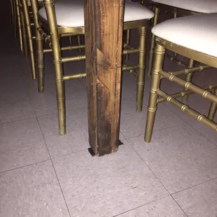 Wood chips placed under most of the legs to help stabilize them. Some were so awful we were afraid of the wine glasses tipping over.