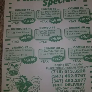 menu for family specials