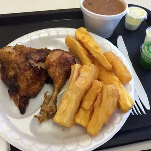 Quarter chicken with yuca and beans, plus a soda, for $6.49.