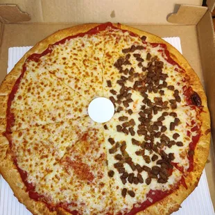 Half Cheese Half beef Pizza it was supposed to have extra sauce but they didn't put it on. Smh Crust taste like cardboard. Its premade.