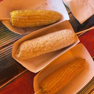 Top is 1. American Corn on The Cob, middle is 2. Mexican Corn on The Cob with no chili powder, and bottom is 3. Asia Corn on The Cob.