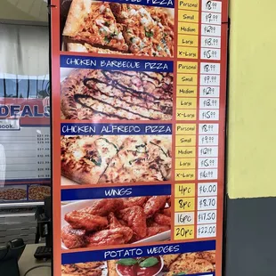 a menu for a variety of pizzas
