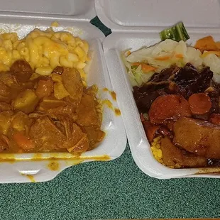 Curry goat &amp; Mac n cheese
 Oxtail cabbage &amp; yams