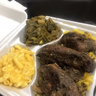 Collard greens , mac and cheese , Jerk Chicken , yellow rice