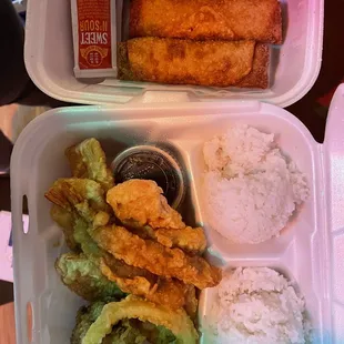 Vegetable and Prawn Tempura Plate. Smaller box: Egg roll (3)